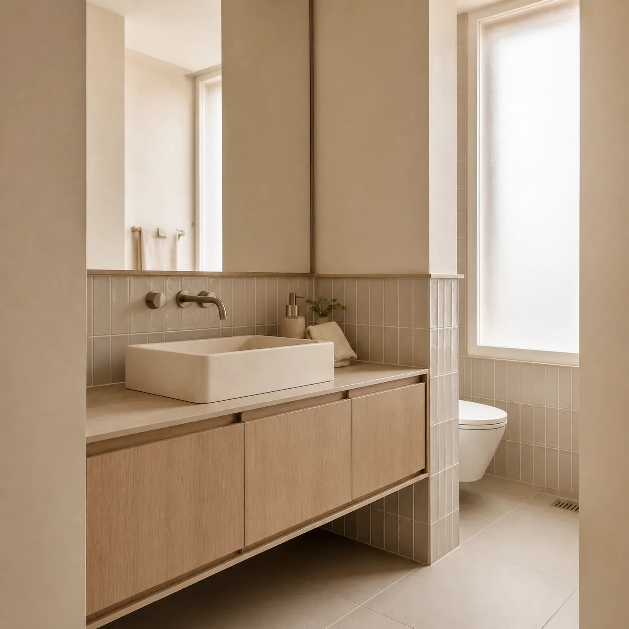 Badkamer op maat met een tussenwand die de douchezone afscheidt van het sanitair
