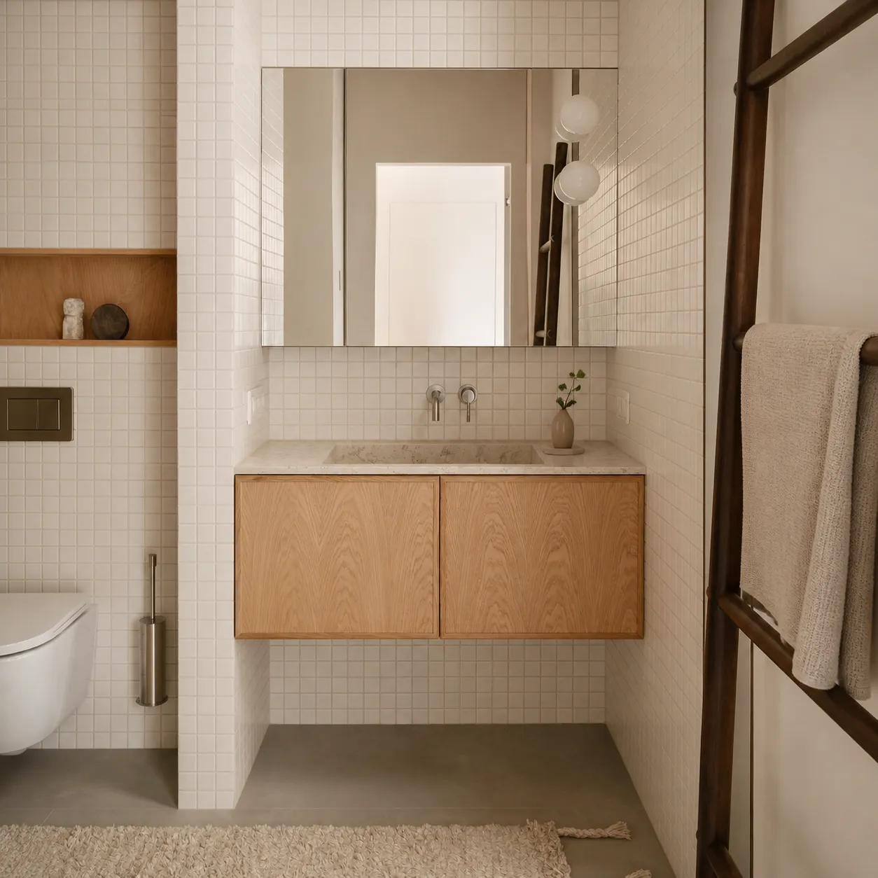 Badkamer op maat met wastafelmeubel in eiken fineer tegen betegelde wand