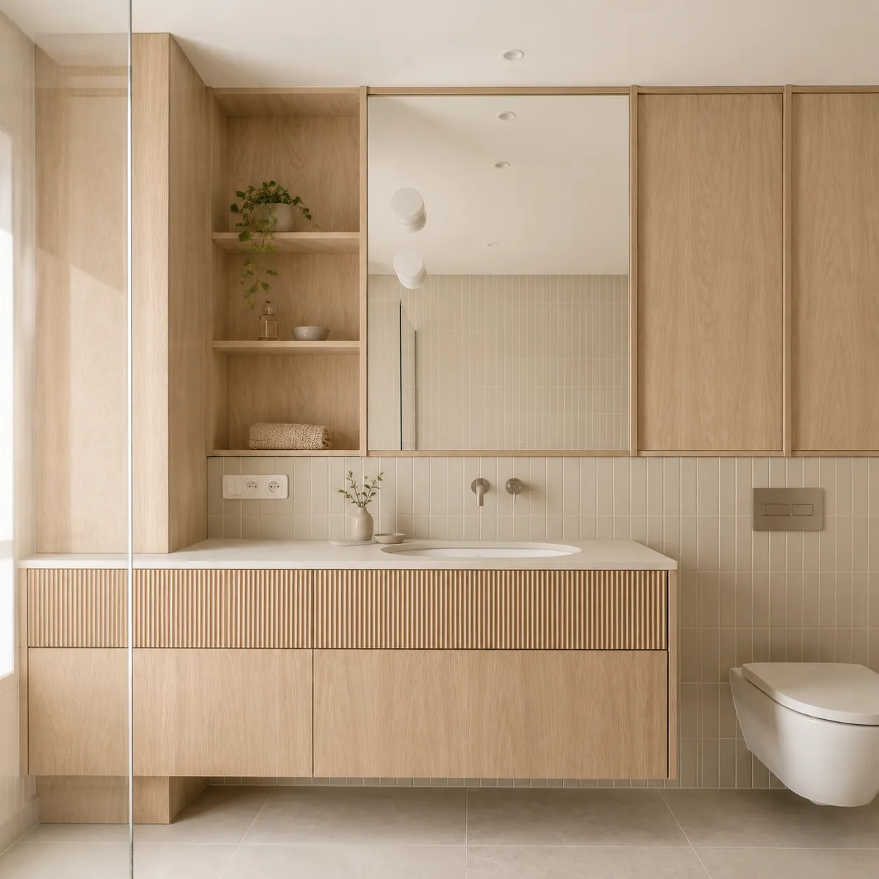 Gegroefd wastafelmeubel in eiken fineer in een badkamer op maat