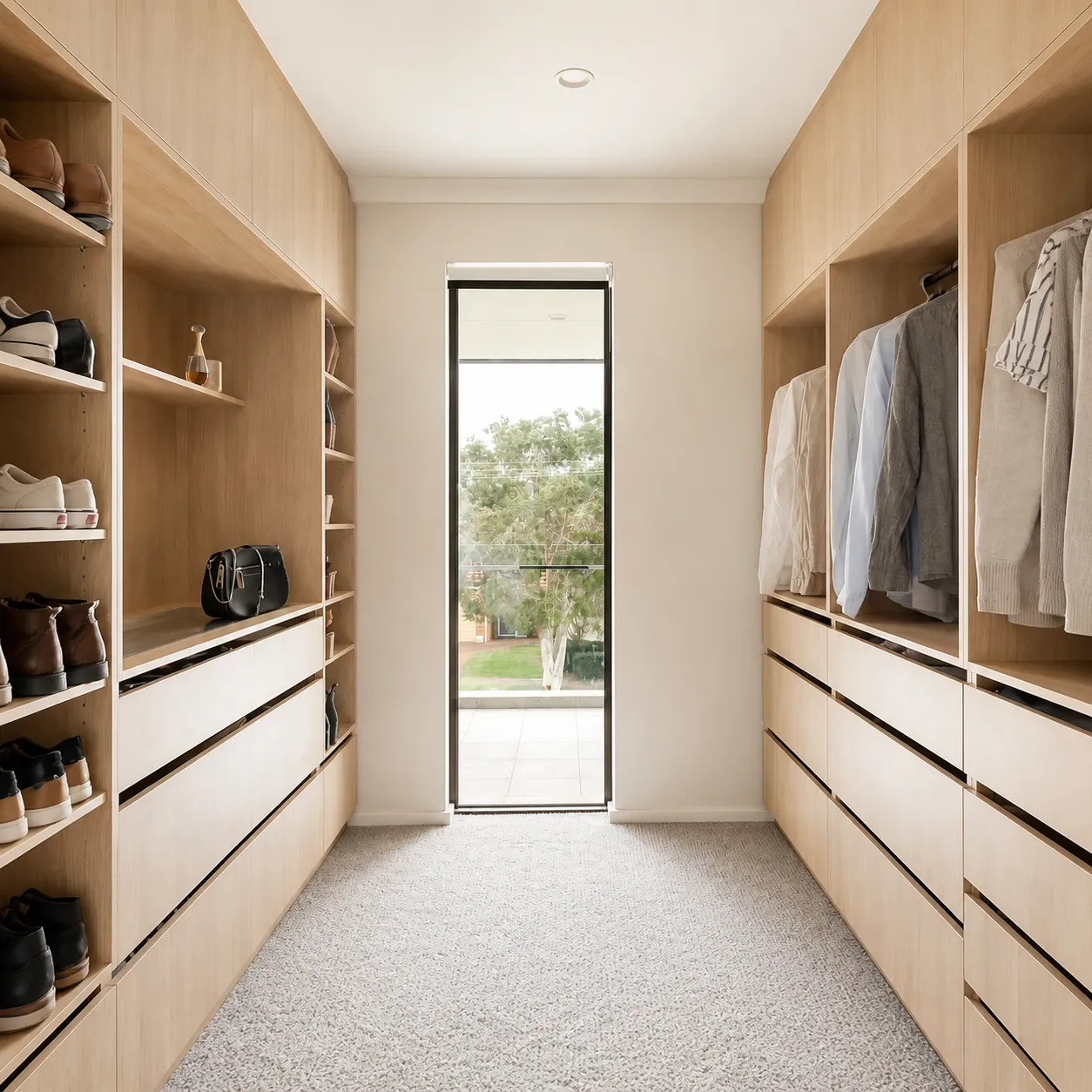 Walk-in dressing op maat in eiken fineer met een raampartij aan het einde van de ruimte