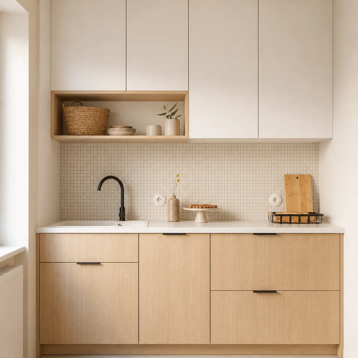Detail van een open opbergnis in eiken tussen de witte bovenkasten van de keuken