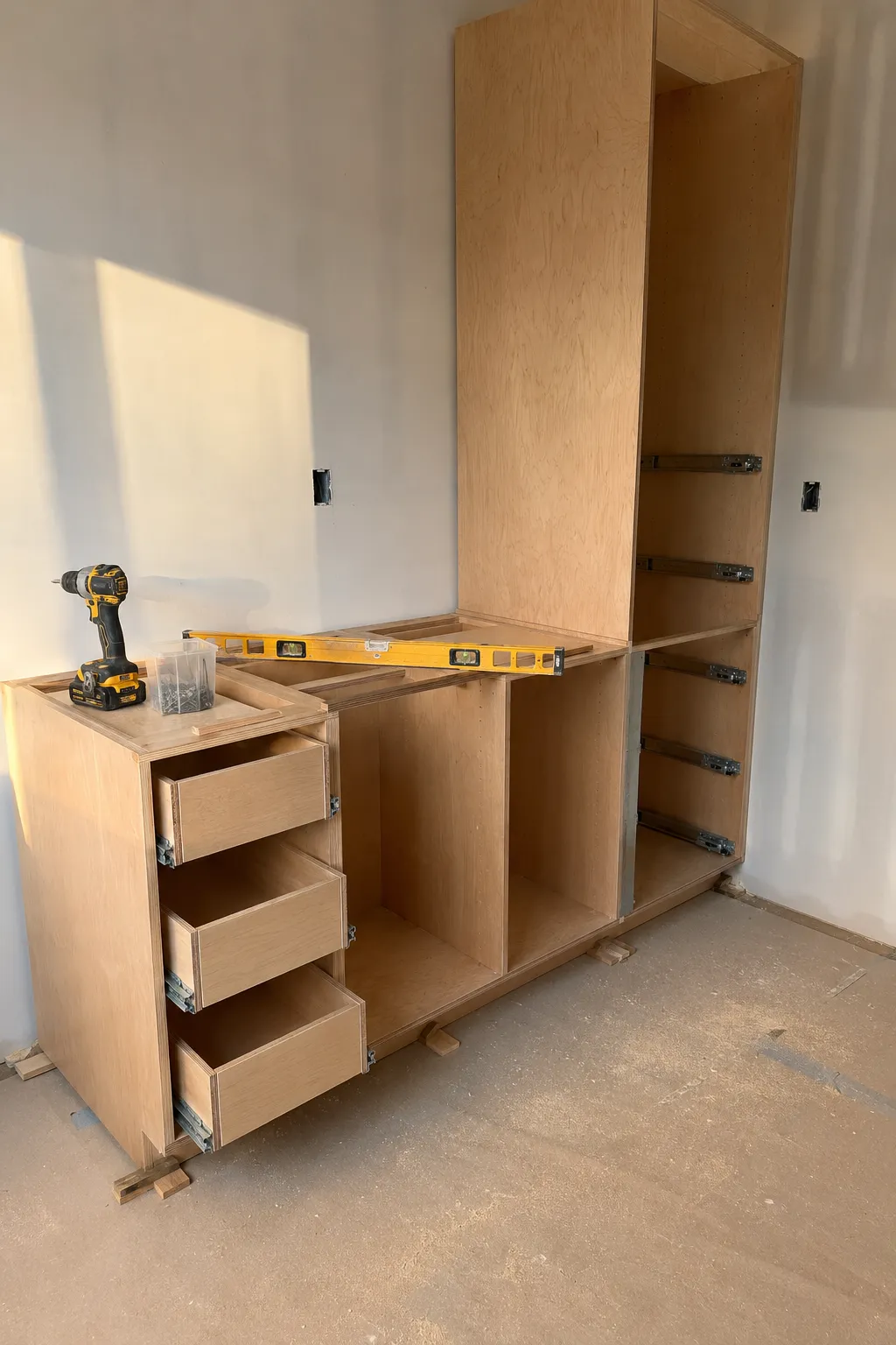 Een kastenwand op maat in blank multiplex, in opbouw op de werf met lades uitgetrokken en gereedschap klaar voor de plaatsing