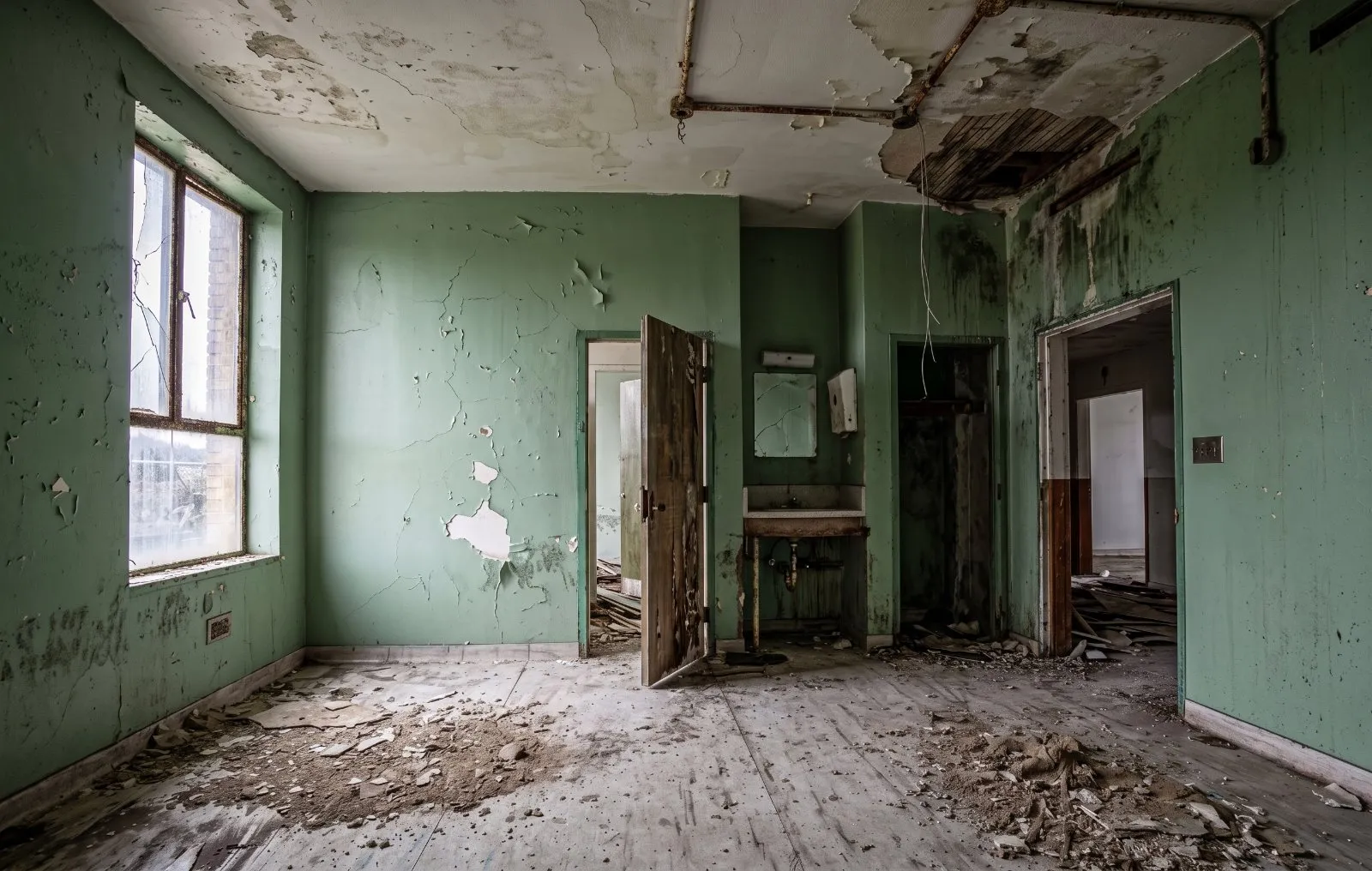 Een kale, vervallen kamer met afbladderende groene verf.