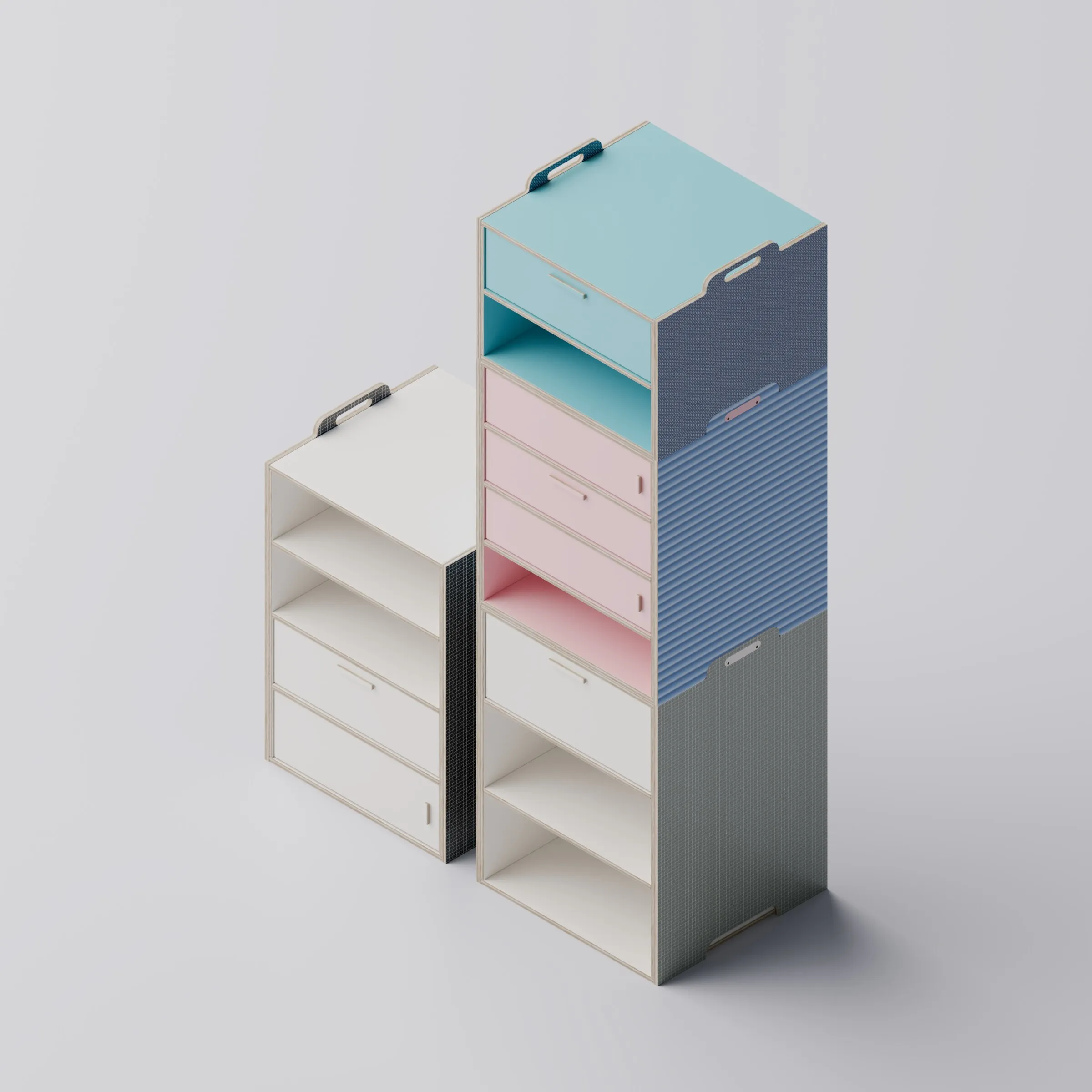 STAAPL-render: drie stapels van verschillende hoogte naast elkaar, in wit, roze, blauw en turkoois