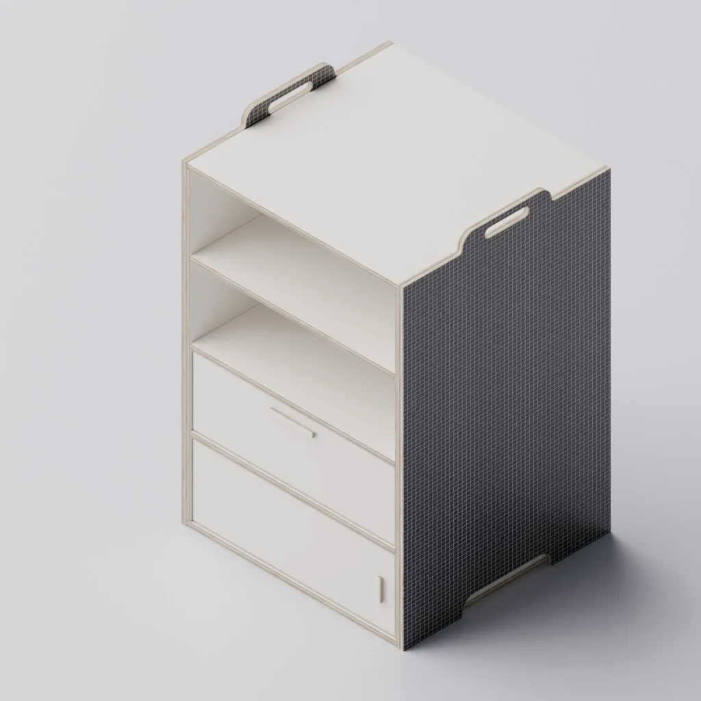 STAAPL-render: losse module in zacht wit met een donker geweven front, isometrisch aanzicht
