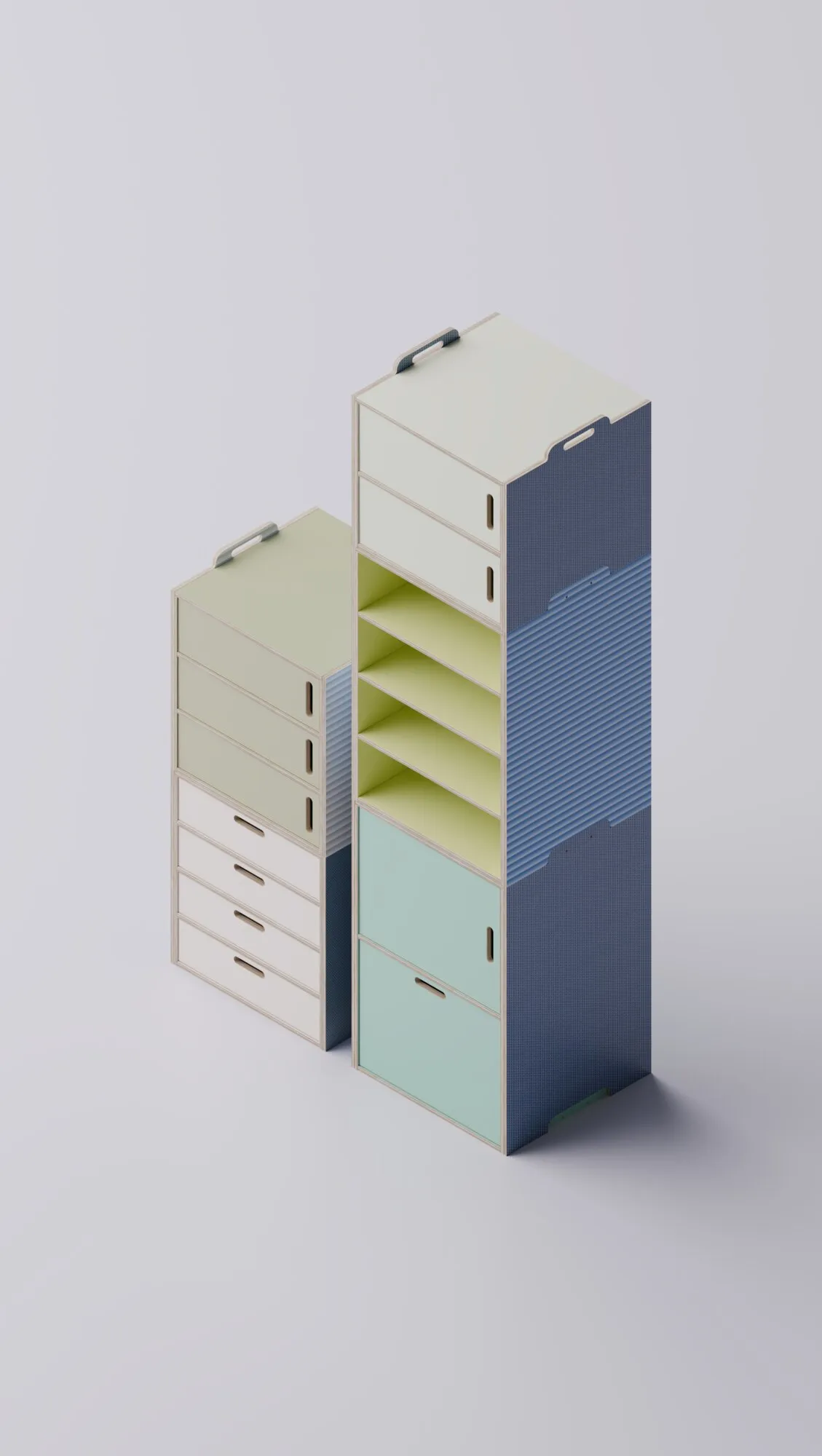STAAPL-render: twee stapels in isometrisch aanzicht, met verschillende fronttexturen naast elkaar